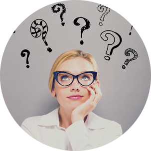 Woman thinking, questions marks above her head